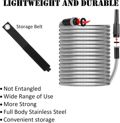 Metal Garden Hose 50ft with Super Tough and Soft Water Hose, Household Stainless Steel Hose, Durable Mighty Garden Hose with Adjustable Nozzle, No Kinks and Tangles, Easy to Store with Storage Strap