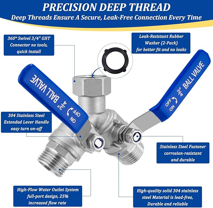 304 Stainless Steel Garden Hose Splitter 2 Way Heavy Duty, Full Flow Water Hose Splitter with Long Handle, Lead-Free, 3/4" GHT Thread, with 2 Washers, 1 Tape & Wrench