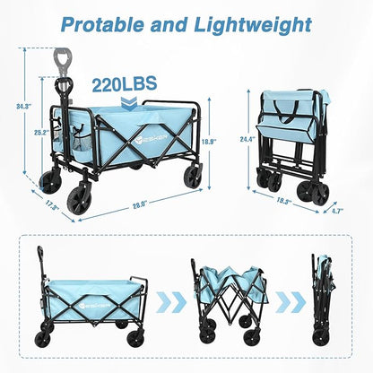 Yesker Foldable Wagon - 220lbs Collapsible Garden Carts with All Terrain Wheels for Outdoor Camping Sports Shopping Gardening - Heavy Duty Portable Utility Trolley (Blue)