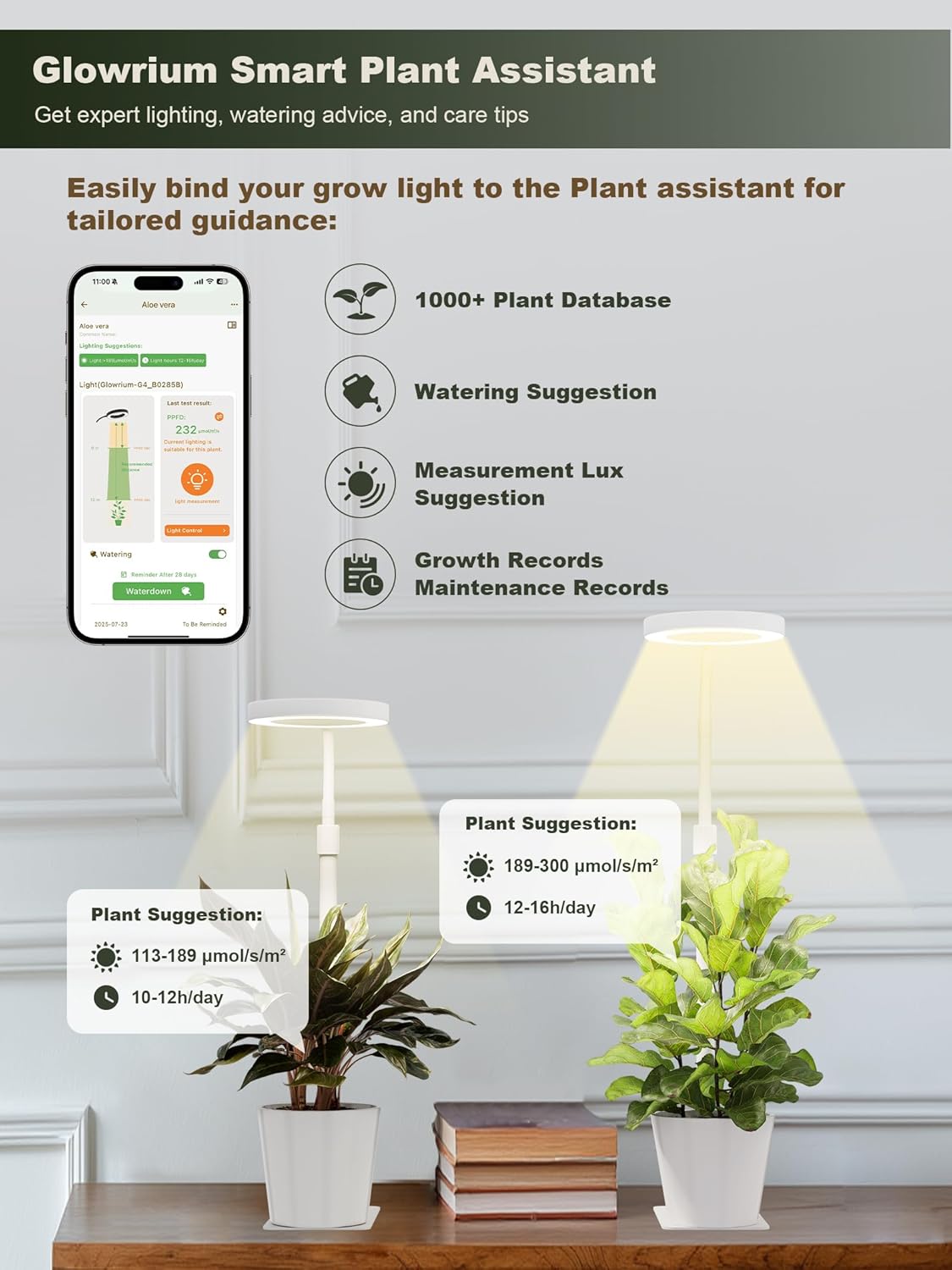 GLOWRIUM Smart LED Grow Lights for Indoor Plants, Desk Plant Light with Bluetooth App Control, 8W Full Spectrum Grow Lamp, Height Adjustable 16"-23", Auto Timer, Watering Reminder for Small Plants