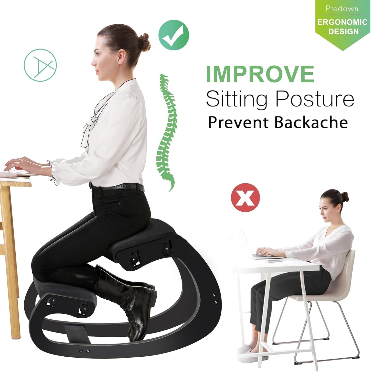 Predawn Adjustable Ergonomic Kneeling Chair – Custom Height Rocking Posture Stool with Thick Cushions, Solid Wood Frame, Knee Support Seat for Adults, Office or Meditation Use (Onyx Black)