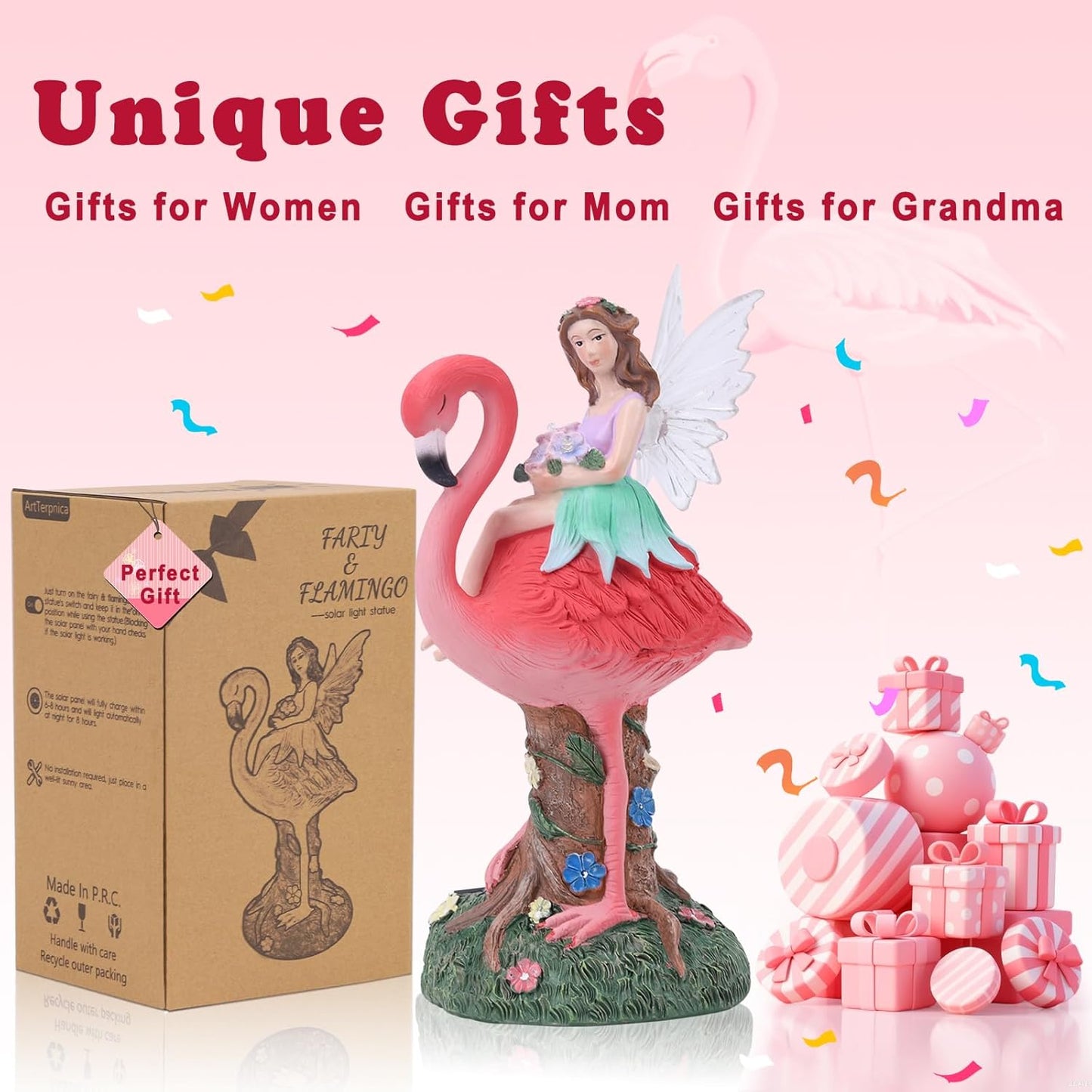 Solar Fairy & Flamingo Garden Decor Statue, Outdoor Funny Solar Light Decoration for Yard, Patio, Lawn, Unique Housewarming, Birthday Gift for Women, Mom, Grandma