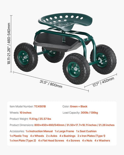 VEVOR Rolling Garden Cart with Swivel Seat, Heavy Duty Garden Seat with Storage Basket & Tool Tray, 300 lbs Weight Capacity, Outdoor Utility Gardening Stool Scooter for Lawn Yard Planting Weeding