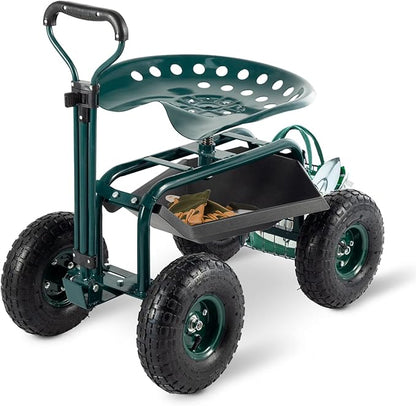 Garden Cart with Seat Outdoor Gardening Carts Heavy Duty Rolling Garden Stools Scooter with Handle and Storage for Seniors, Green