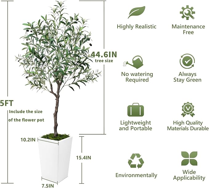 Olive Trees Artificial Indoor 5ft, Tall Faux Silk Plant with Pot, Realistic Leaves and Natural Wood Trunk Fake Trees with Lifelike Fruits for Home Office Decor Bedroom Livingroom Entryway Housewarming