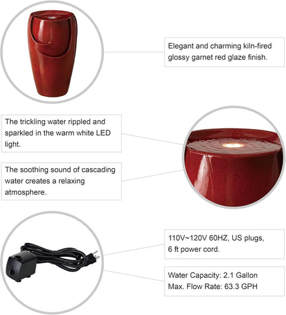 Glitzhome 21.25" H Ceramic Vase Outdoor Water Fountain Tall Patio Garden Water Fountain with LED Light and Submersible Pump Yard Art Decor, Red