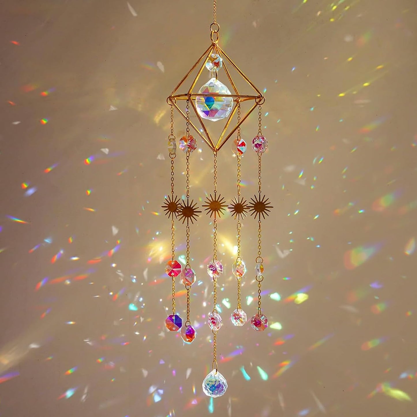 HDCRYSTALGIFTS Crystal Prisms Suncatcher for Window Hanging Gold-Plated Crystal Sun Catcher Indoor Window Rainbow Maker Home Garden Decoration