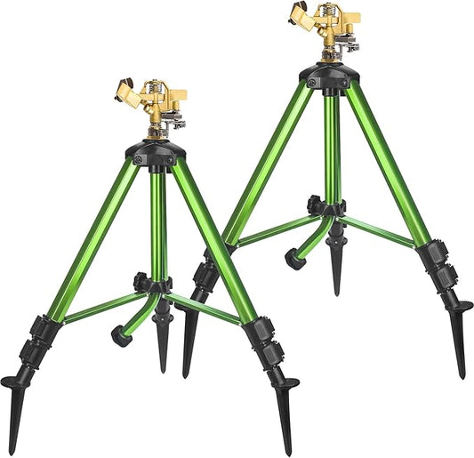 Triumpeek 2 Pack Impact Sprinkler on Tripod Base with Stakes, 360 Degree Large Area Coverage Irrigator with Extension Legs, Adjustable Brass Sprinkler Head Nozzle and 3/4" NH Inlet Hose Connection