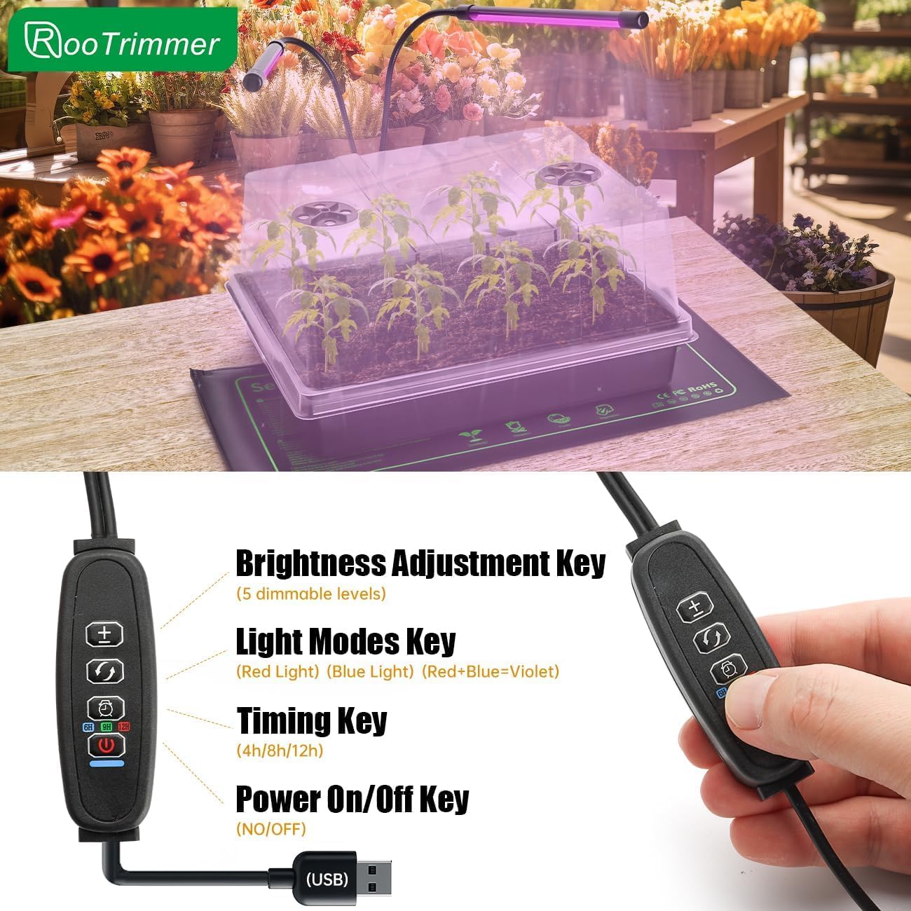 Seed Starter Trays with LED Lights and Heat Mat - 4p Seedling trays with 5" Higher Humidity Domes, 2p Flexible Grow Lights and 2p Constant Temperature Heating Mats, Propagation Tray for Planting Seed