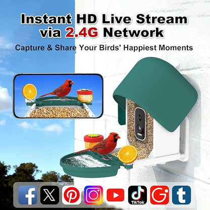 Bird Feeder Camera with 4K HD, App Alerts & Two-Way Audio, Solar Panel, 32GB Card 4-in-1 Perch, 160° View, Auto Detect & AI Identify - Wireless Outdoors Weatherproof Design (Army Green)