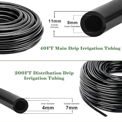 200FT+40FT Drip Irrigation System, Garden Watering System with 8/11mm Main Tubing 4/7mm Distribution Irrigation Tubing and Accessories, Irrigation System for Garden, Greenhouse, Yard, Lawn, Plant