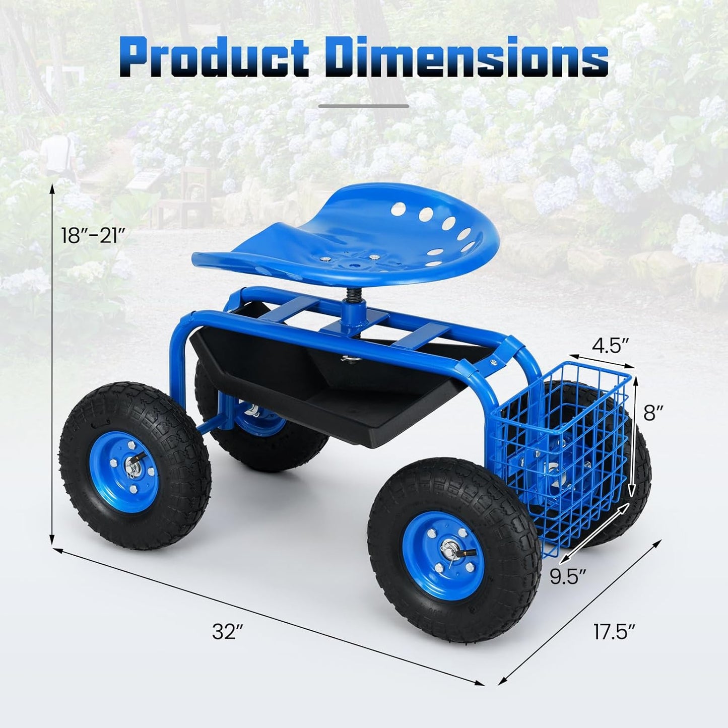 Giantex Rolling Garden Work Seat, 360 Swivel Gardening Workseat with Wheels, Tool Basket, Adjustable Height, Outdoor Scooter for Sitting, Gardening Stool Chair for Planting Trimming, Blue