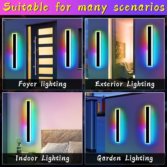 Widened 2 Pack Modern Outdoor Wall Sconces, 31.4inch RGB Dimmable LED Lights, IP65 Waterproof, 10 Colors, 5 Modes, Black Linear Exterior Lighting for Patio, Yard, Garage with Remote Control