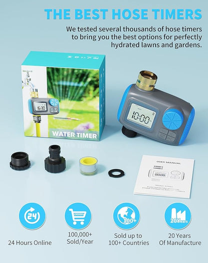 Sprinkler Timer, Programmable Hose Timers for Watering with Brass Swivel, Digital Irrigation Controller System with Rain Delay/Manual Mode/Automatic Watering for Outdoor Garden Yard Lawn