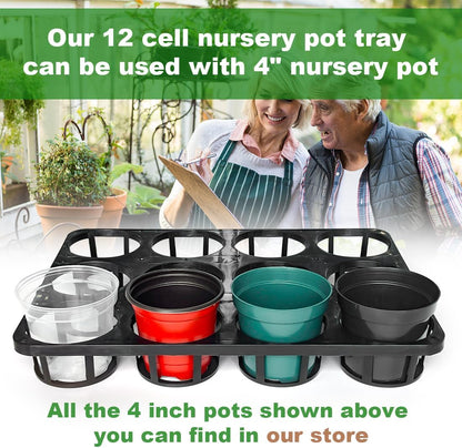 12 Cell Round Nursery Pots Tray, Plant Pot Shuttle Carry Holder and Trays for 4 inch Round Plastic Nursery Pots Flowerpot Carrier Transporting (16.75" 12.43", 2.1" Deep, 5-Pack)