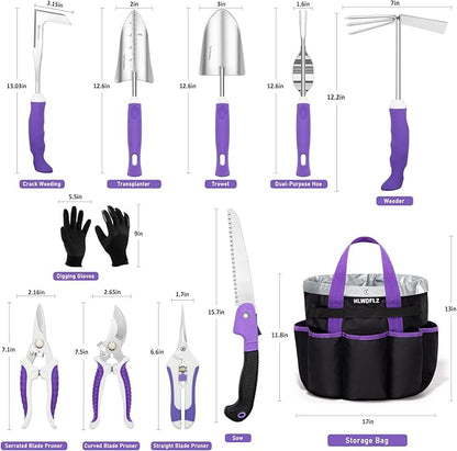 Purple Garden Tool Set Gardening Items for Women - 11PCS Heavy Duty Garden Tools with Detachable Storage Bag, Weeder, Dual-Purpose Hoe