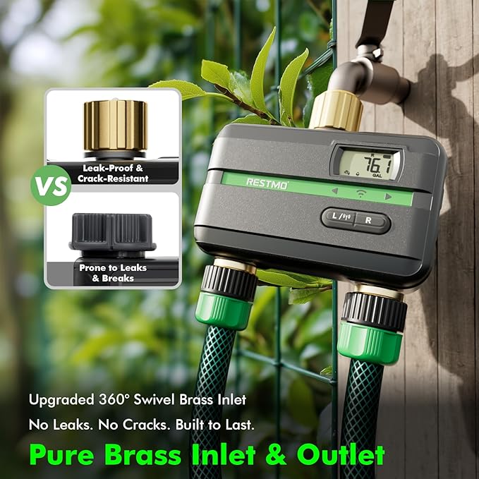 RESTMO Smart Sprinkler Timer with Flow Meter, 2 Zone Water Timer for Garden Hose, Brass Inlet & Outlet, Automatic Lawn & Yard Irrigation Watering System, APP Remote Control (RF Hub + WiFi Connection)