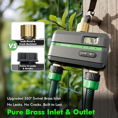 RESTMO Smart Sprinkler Timer with Flow Meter, 2 Zone Water Timer for Garden Hose, Brass Inlet & Outlet, Automatic Lawn & Yard Irrigation Watering System, APP Remote Control (RF Hub + WiFi Connection)