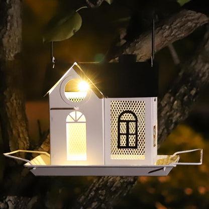 Solar Bird Feeder for Outdoors – White Metal Hanging Bird Feeder with Solar Light, Decorative Bird House Feeder for Cardinals, Finches, and Wild Birds, Weatherproof Backyard Garden Decor