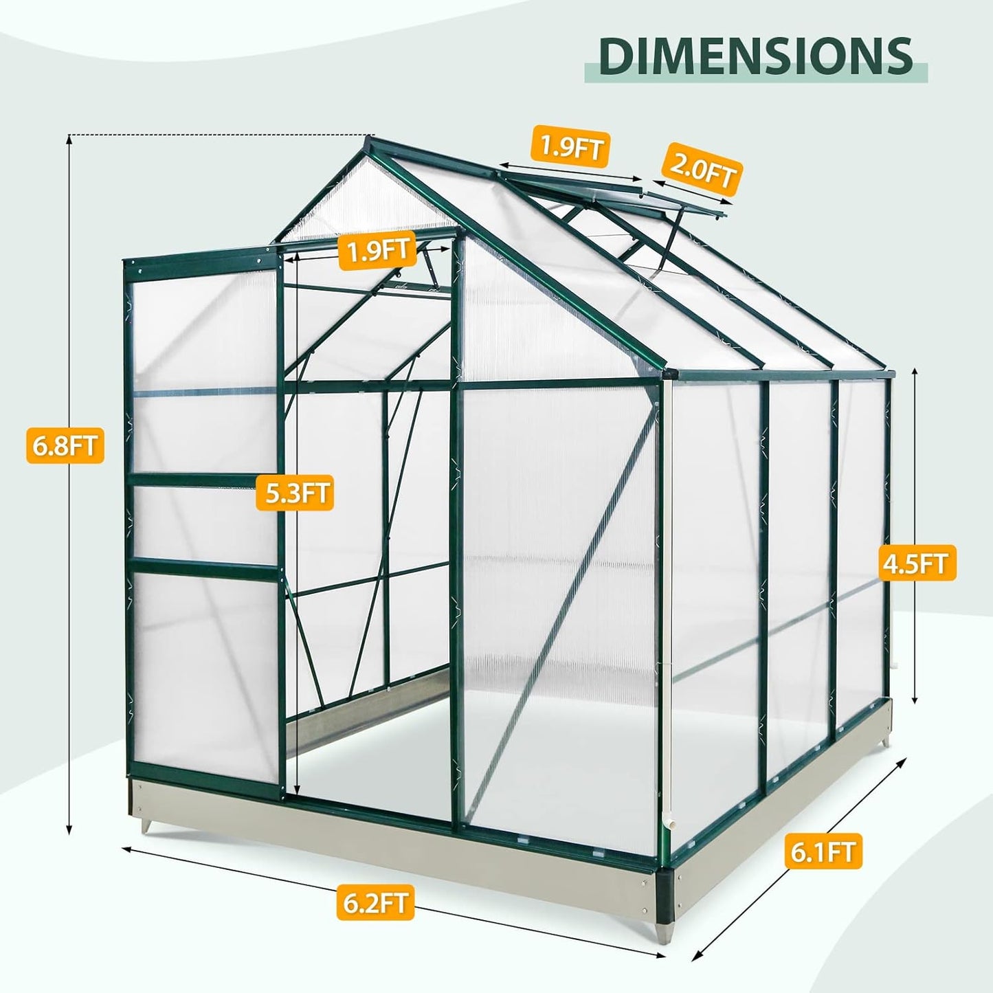 EAGLE PEAK 6x6x7 Outdoor Walk-in Hobby Greenhouse with Adjustable Roof Vent, Rain Gutter, Base and Anchor, Polycarbonate Aluminum Green House for Backyard Garden, Dark Green