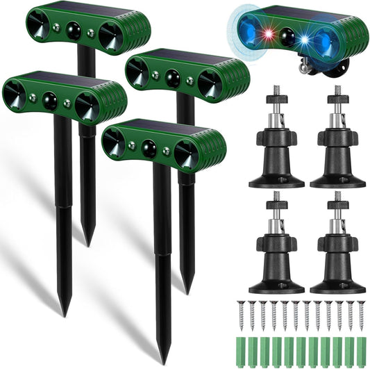Qualirey 4 Pack Solar Ultrasonic Animal Repellent Outdoor Waterproof Nocturnal Animal Deterrent with Adjustable Motion Sensor Alarm Flashing Light Repel Raccoon Cat Dog Fox Deer for Yard Garden Lawn