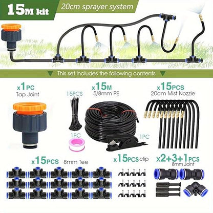 49.2FT/15M 1/4 Inch Tubing Drip Irrigation System Kit Automatic Garden Irrigation Equipment Adjustable Quick Connector Watering Misting for Outdoor Yard Lawn Raised Bed Greenhouse