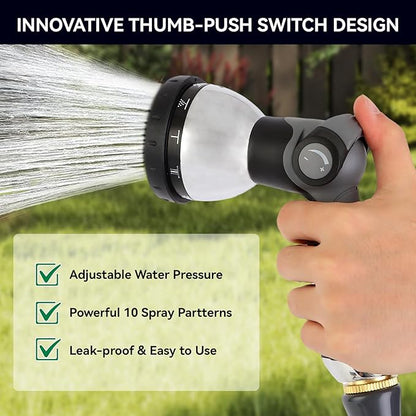 Garden Water Hose Nozzle Metal Heavy Duty Sprayer Thumb Control with 10 Spray Modes Suitable for Watering Plants, Iawn and Garden, Car Washing, Cleaning, Showering Pets and Outdoor Fun, Gray