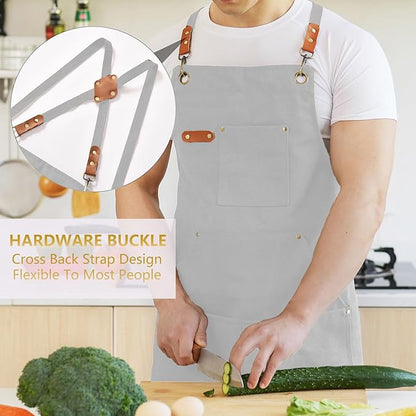 Canvas Aprons for Men Chef Apron, Work Apron with Large Pockets - 16oz Heavy Duty Cross Back, BBQ, Cooking