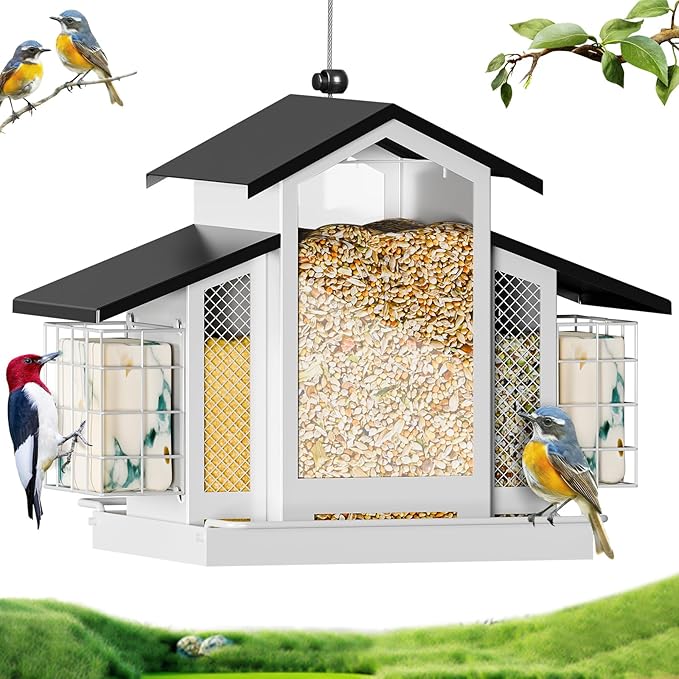 White Metal Bird Feeder Birdhouse, Outdoor Hanging Wild Bird Feeders for Outdoors, Perfect Birdhouses for Outside Bird Lovers