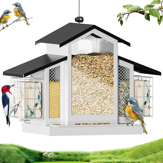 White Metal Bird Feeder Birdhouse, Outdoor Hanging Wild Bird Feeders for Outdoors, Perfect Birdhouses for Outside Bird Lovers