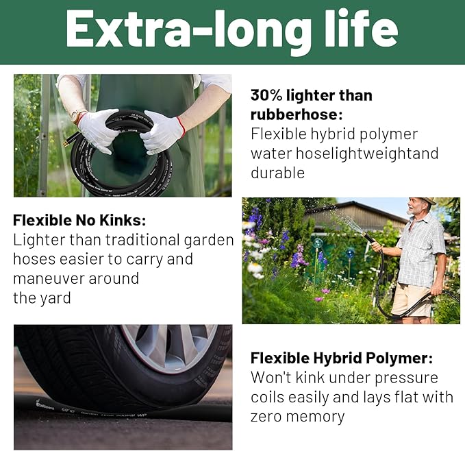 Short Garden Hose 10 ft x 5/8 in Male to Female Heavy Duty Small Water Hose Extend Connector, Lightweight Rubber Hybrid Leader Hose, Leak-Free Connections, BT10B, Black