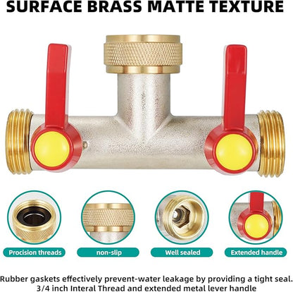 2 Way Hose Splitter, Brass High Flow Garden Hose Splitter Heavy Duty, Hose Connector, Water Spigot Splitter, Full Flow Faucet Splitter with shutoff, 3/4” GHT Inlet