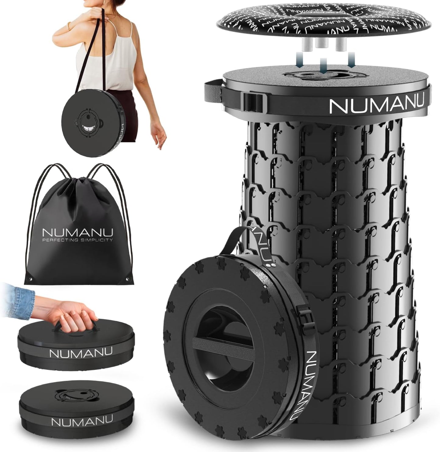 NUMANU 2025 Upgraded XXL Collapsible Stool with Cushion & Carry Bag, 2.7"-19.7", Max 1000lbs Foldable Telescoping Camping Stool Portable Seat Pop Up Chair or Footrest (1Pack: Stool, Cushion, Bag)