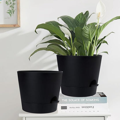12 Inches Indoor Self Watering Planters with Drainage Holes and Saucers, 4 Pack (Black)