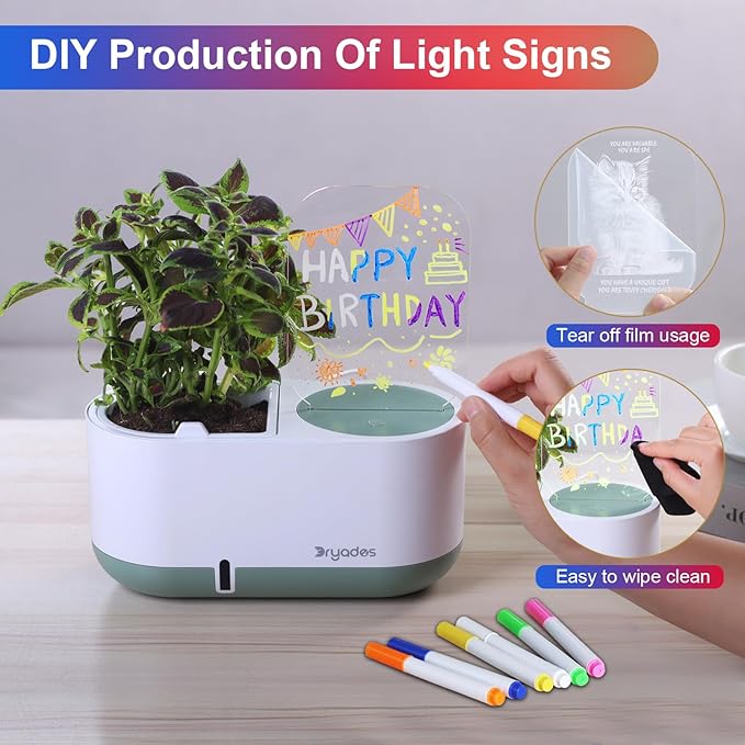 Self-Watering Plant Pot with LED Note Board & 7 Colors Pen Acrylic Message Board with Light Acrylic Dry Erase Board, Led Cat Board Night Light with Planting Pot for Room/Store/Office (No Plant&Seed)