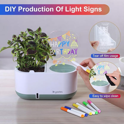 Self-Watering Plant Pot with LED Note Board & 7 Colors Pen Acrylic Message Board with Light Acrylic Dry Erase Board, Led Cat Board Night Light with Planting Pot for Room/Store/Office (No Plant&Seed)