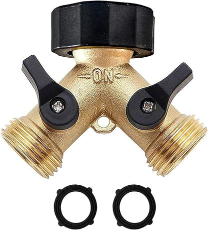 Brass Garden Hose Splitter 2 way Heavy Duty, Brass Hose Y Splitter 2 Valves, Y conneector with 2 Extra Rubber Washers
