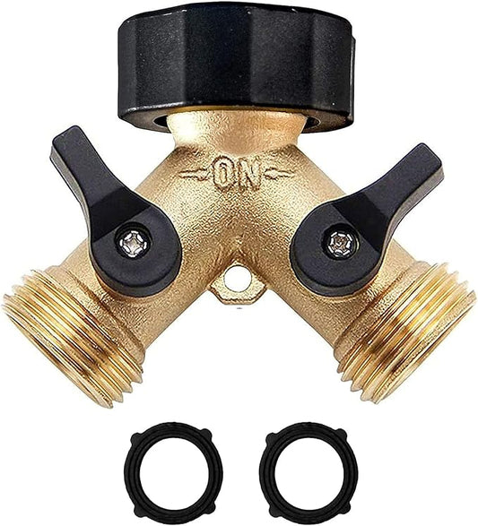 Brass Garden Hose Splitter 2 way Heavy Duty, Brass Hose Y Splitter 2 Valves, Y conneector with 2 Extra Rubber Washers