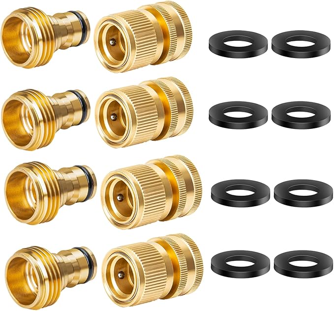 Garden Hose Quick Connect, Brass Hose Quick Connect fittinging, 3/4 Inch Heavy Duty Hose Connector, Leak-Proof, Easy to Install, Compatible with Standard Garden Hoses (4 Pack)