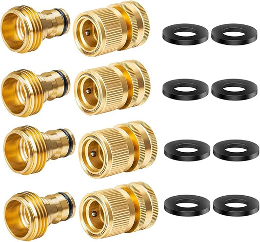Garden Hose Quick Connect, Brass Hose Quick Connect fittinging, 3/4 Inch Heavy Duty Hose Connector, Leak-Proof, Easy to Install, Compatible with Standard Garden Hoses (4 Pack)