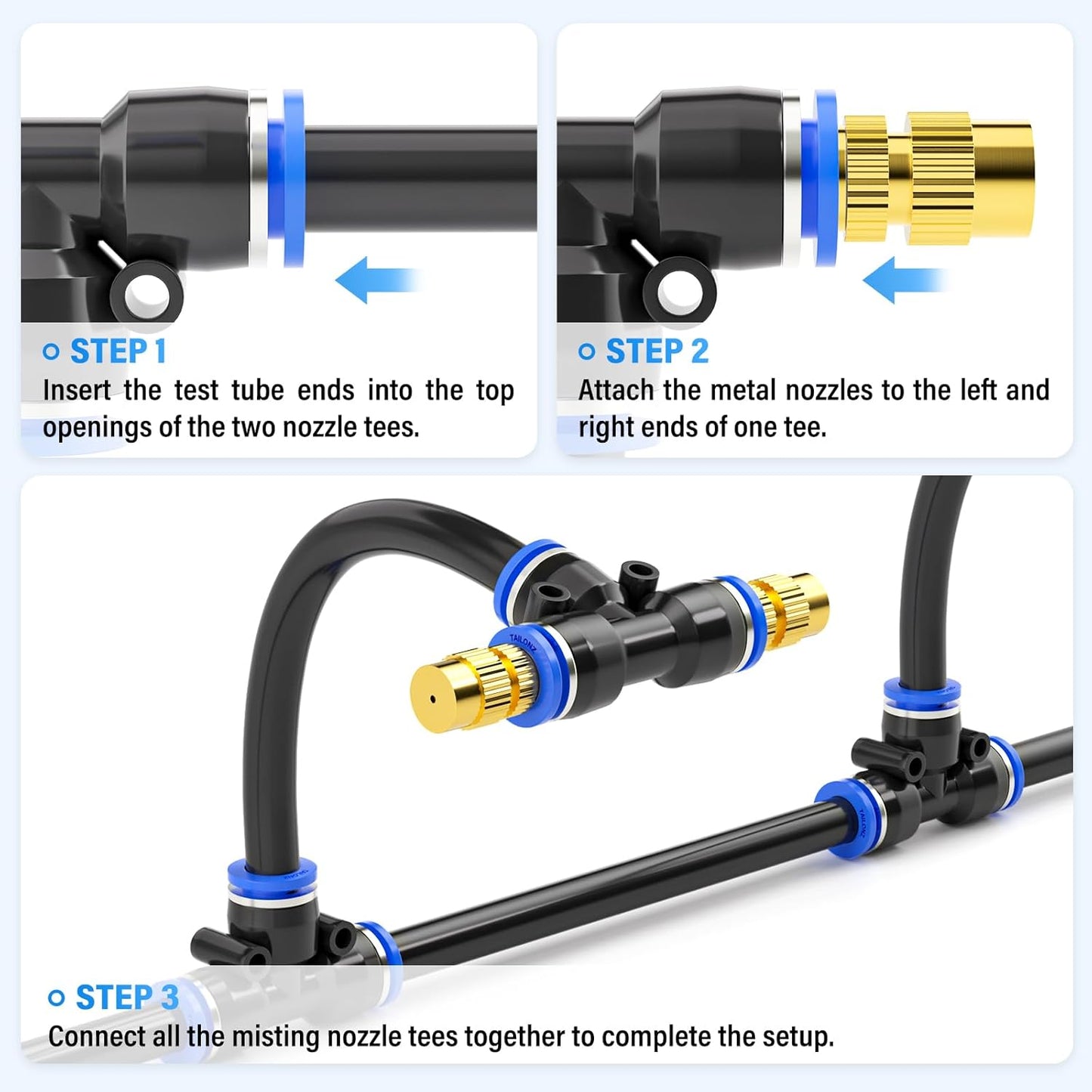 TAILONZ PNEUMATIC Brass Misting Nozzles with Tee Fittings – 12" Hose, 360° Adjustable Spray for Patio Cooling, Watering, and Outdoor Misting Systems 10PCS
