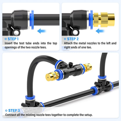 TAILONZ PNEUMATIC Brass Misting Nozzles with Tee Fittings – 12" Hose, 360° Adjustable Spray for Patio Cooling, Watering, and Outdoor Misting Systems 10PCS