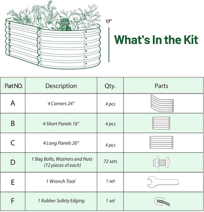 Olle 17" Tall Raised Garden Bed Kit Fruits Vegetables Flowers Planter Box 12-in-1 Galvanized Planter Boxes for Outdoors Size 5X5 Feets 8X2 Feets, Midnight Grey 17" Tall