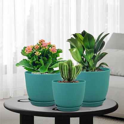 Large Flower Pots 12/10/9 inch, Set of 3 Modern Decorative Plastic Planters with Drainage Holes and Saucers for House Plants, Plant Pots for Indoor Outdoor Plants, Blue Green