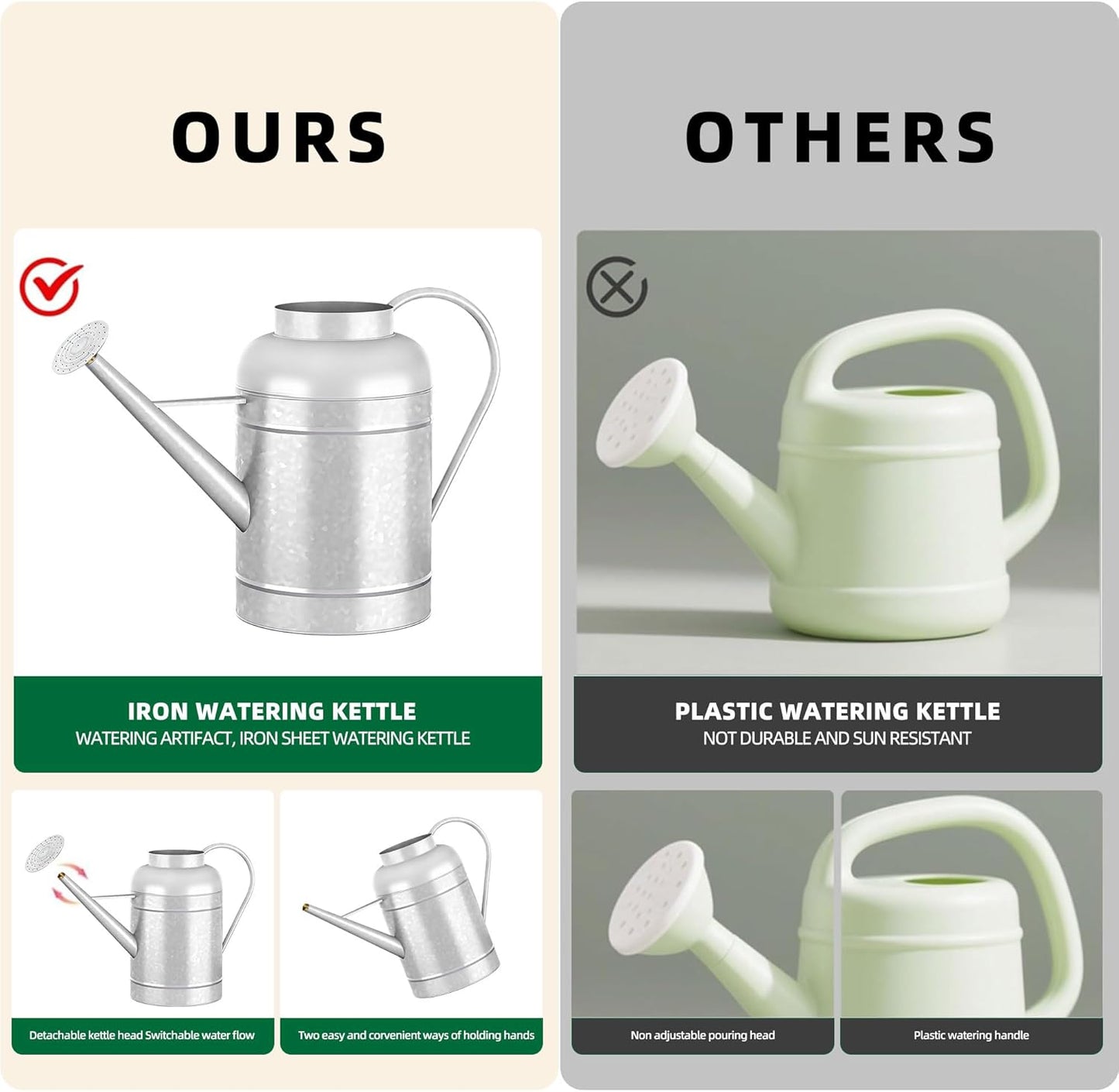 2.3 Gallon Metal Watering Can, Galvanized Watering Can for Outdoor Indoor Plants, Large Water Can for Plants and Garden Flower