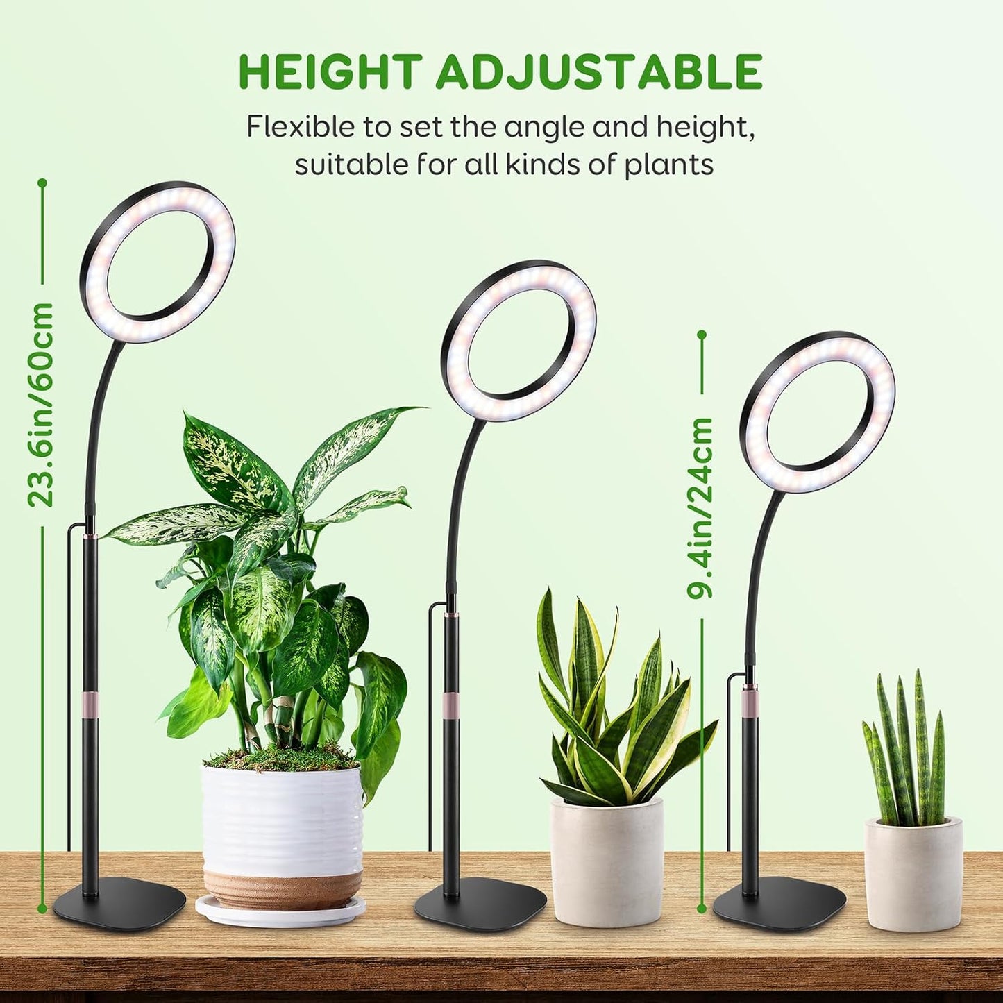 One Head Grow Lights for Indoor Plant Full Spectrum, Desk Halo Plant Lights for Indoor Growing with 3H/9H/12H Timer, 5 Dimmable Levels,Height Adjustable 9.4-23.6",Strong Metal Base Happy Light