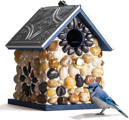 Masterpiece Bluebird Bird House for Outside Clearance, Cedar Bird House Bird Feeder for Outdoor, Stone Villa, Hanging Birdhouse for Outside, Pole Mountable, 10 Yrs Longtime Lasting (Blue)