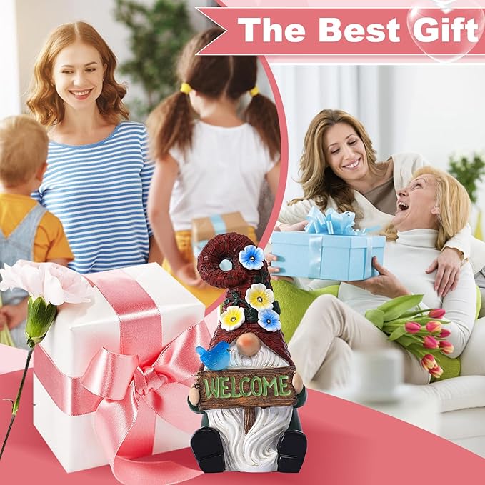 Solar Gnome with Wlecome Decor for Yard Decorations - 10 Inch Gnome Statue Decor for Outdoor,Perfect Garden Gifts for Women,Mom