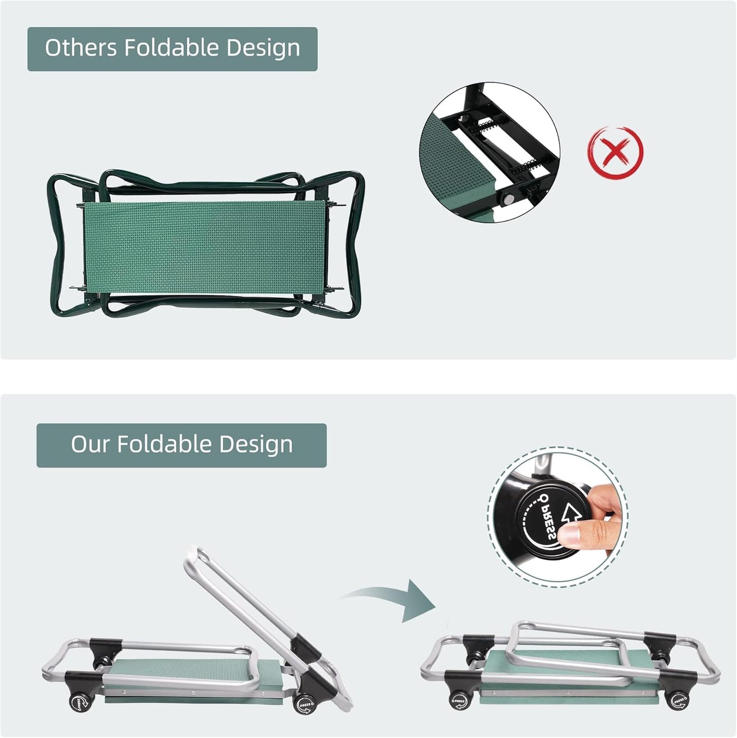 LUCKYERMORE New Generation Garden Kneeler and Seat, Foldable Gardening Stool with 2 Tool Pouches and EVA Foam Pad, Gardening Gifts for Parents Seniors, Lightweight & Heavy Duty, Green