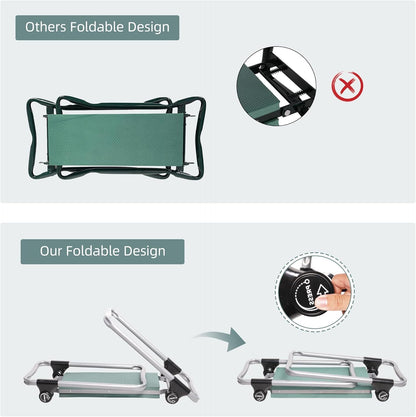 LUCKYERMORE New Generation Garden Kneeler and Seat, Foldable Gardening Stool with 2 Tool Pouches and EVA Foam Pad, Gardening Gifts for Parents Seniors, Lightweight & Heavy Duty, Green